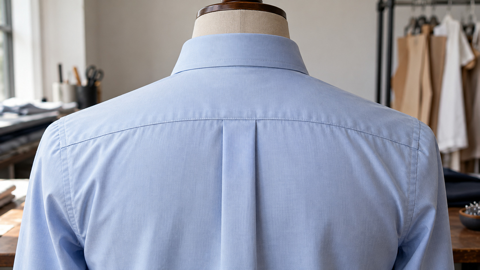 Rear view of a pale blue shirt on a tailor's form showing the upper-back yoke seam and centered box pleat.
