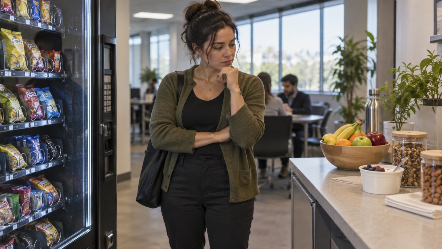 Office worker chooses between vending-machine snacks and fruit, yogurt, nuts, and water in a late-morning break area.