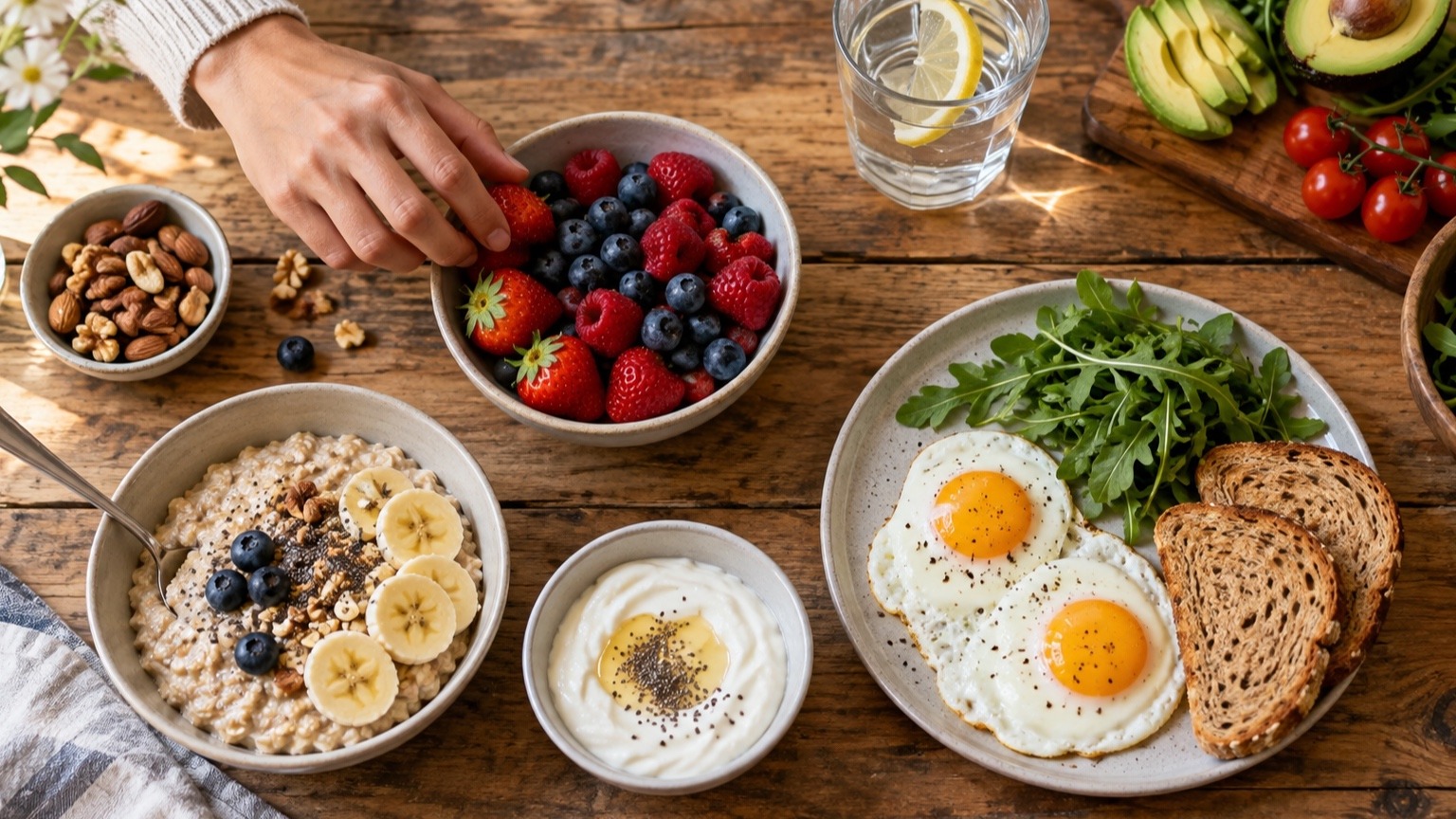 Overhead spread of oatmeal, berries, yogurt, eggs, greens, nuts, avocado, water, and whole-grain toast.