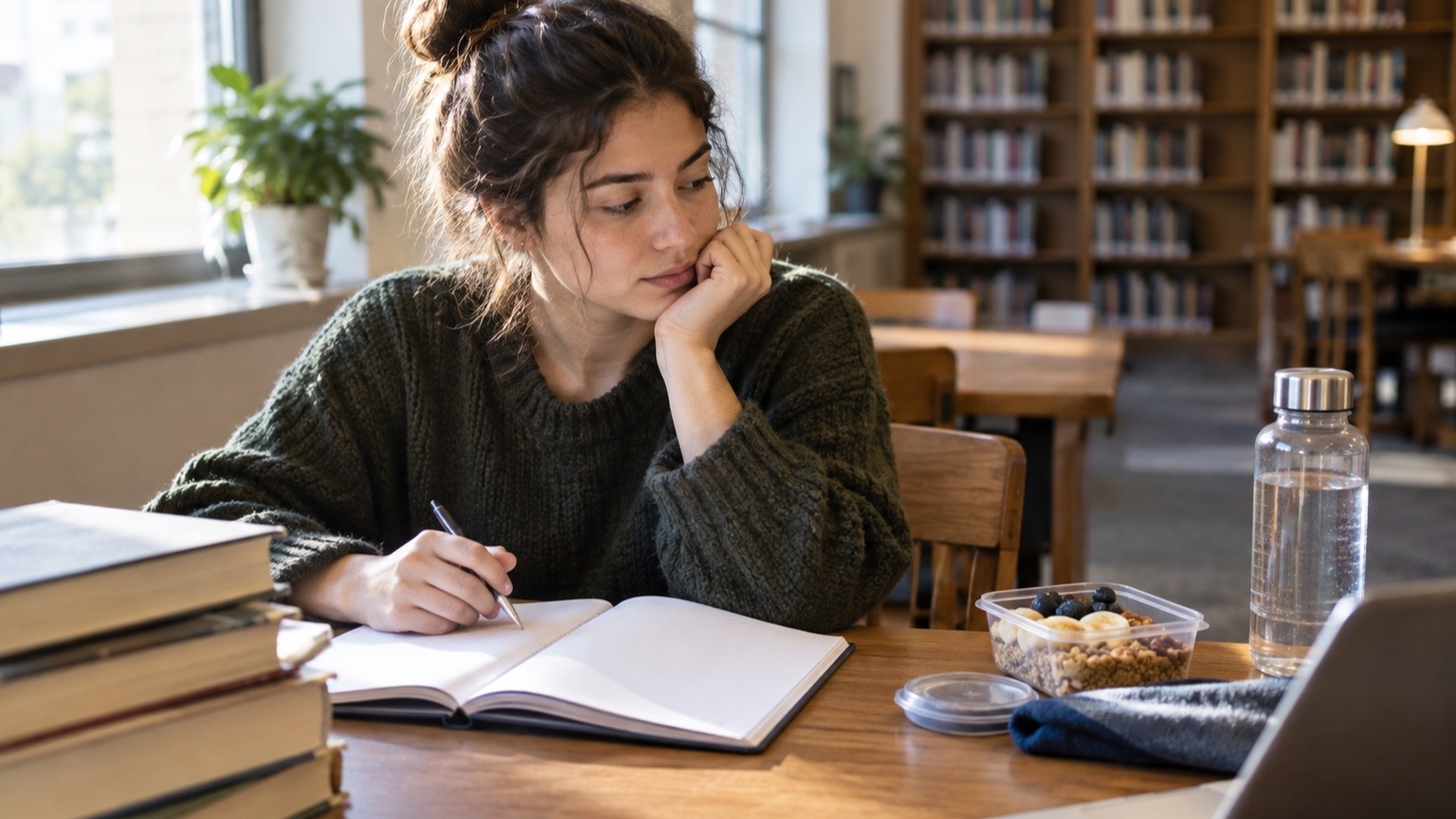 Student pauses over an open notebook while looking toward a simple breakfast container and water in a sunlit library.