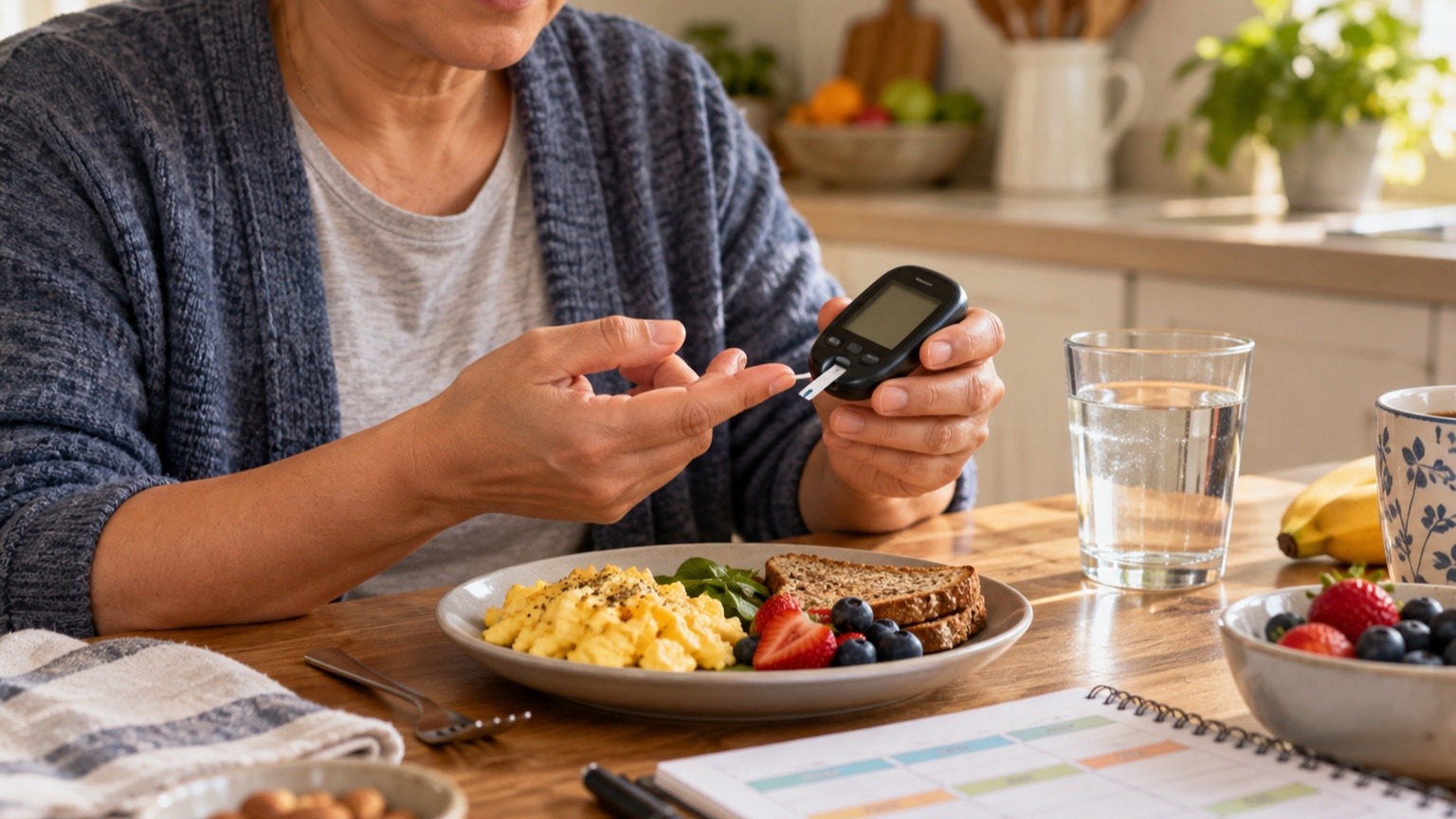 Adult checks an unbranded glucose meter beside eggs, whole-grain toast, berries, water, and a meal-planning notebook.