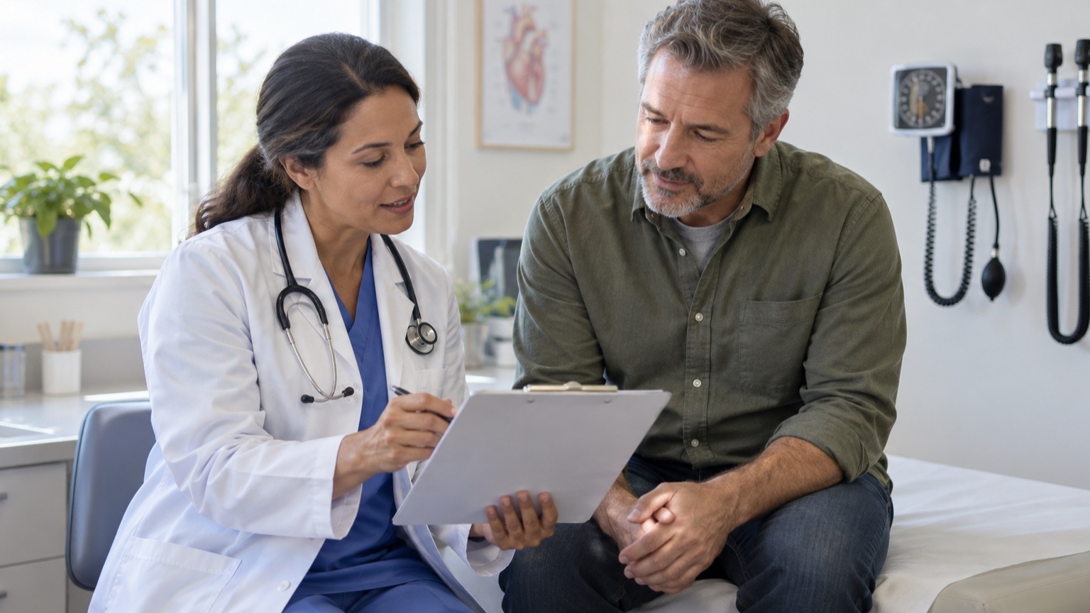 Clinician and middle-aged patient review a blank health chart together in a bright preventive-care exam room.