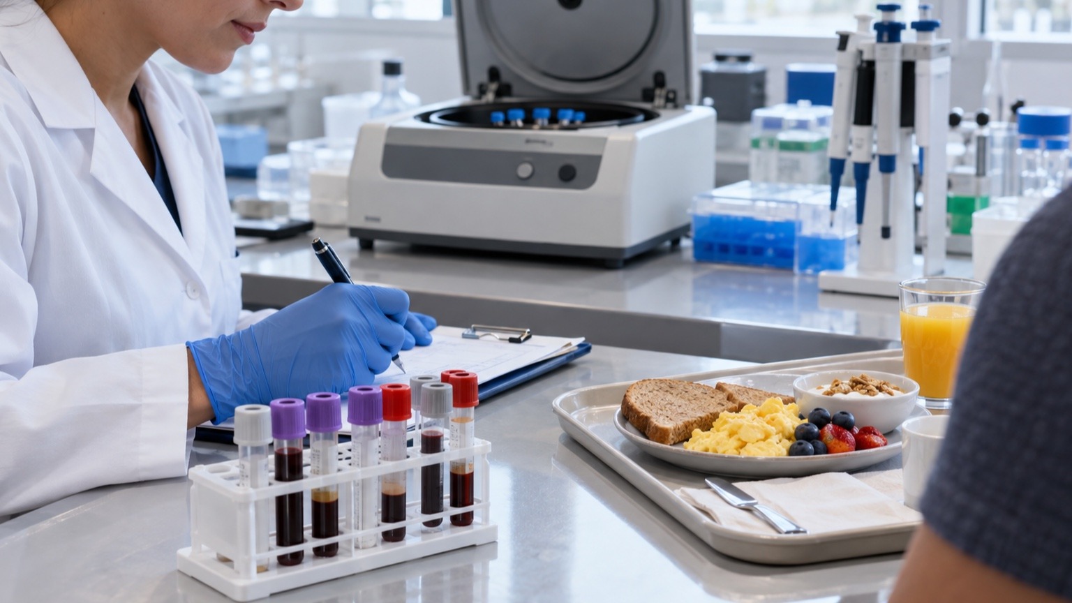 Nutrition researcher records observations beside anonymized blood samples and a breakfast tray in a modern laboratory.