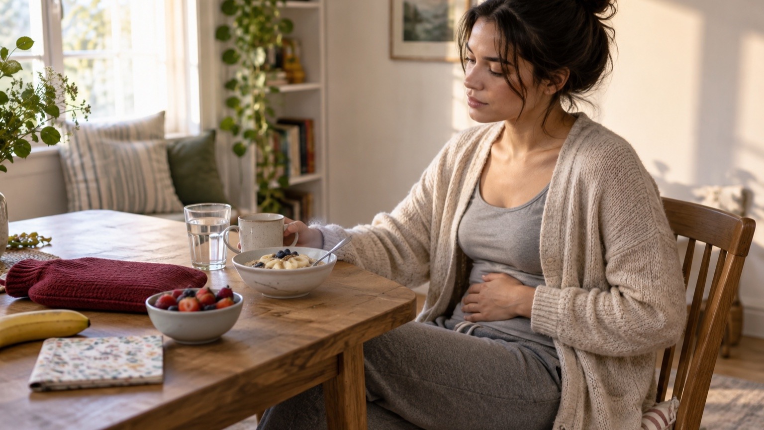 Young woman rests a hand over her lower abdomen beside oatmeal, fruit, water, and a warm compress at breakfast.