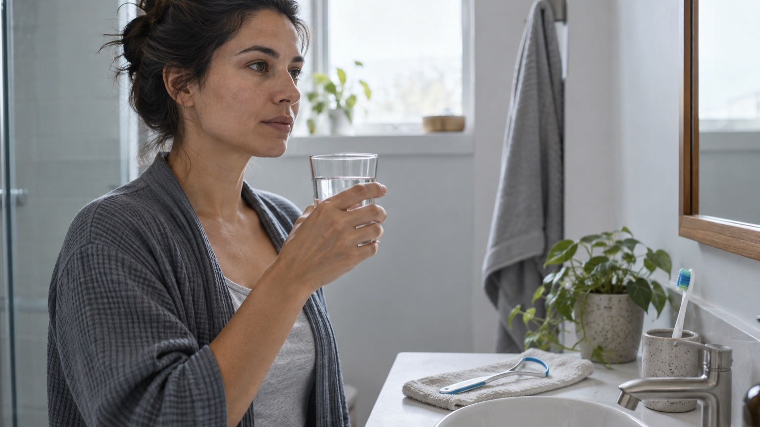 Woman holds a glass of water beside a toothbrush and tongue scraper during a quiet morning bathroom routine.