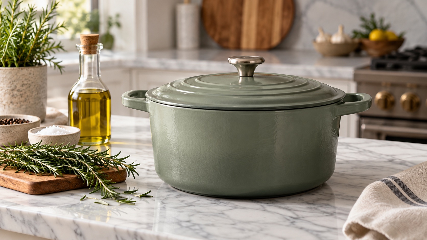 Sage green enameled cast iron Dutch oven on a marble kitchen counter.