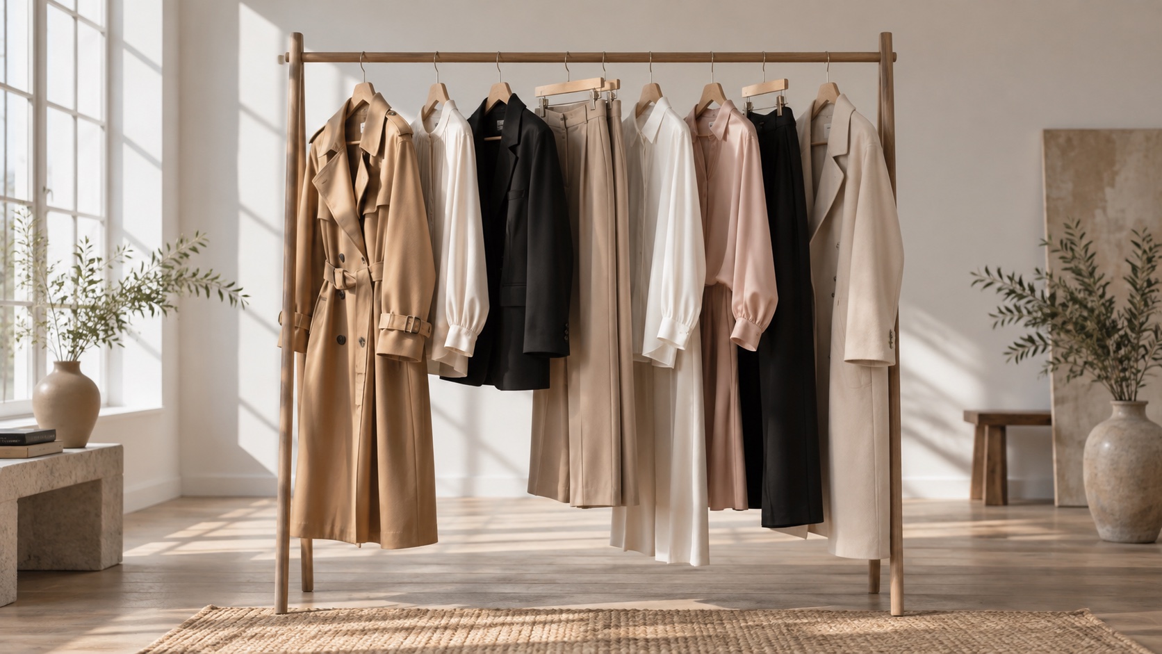 Curated clothing rack featuring elegant neutral coats and blouses in a sunlit studio.