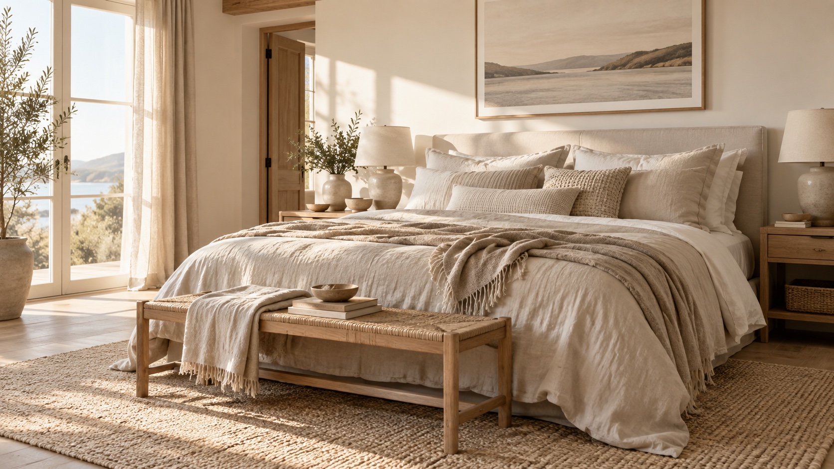 Elegantly styled bed with neutral textured linen sheets in morning light.