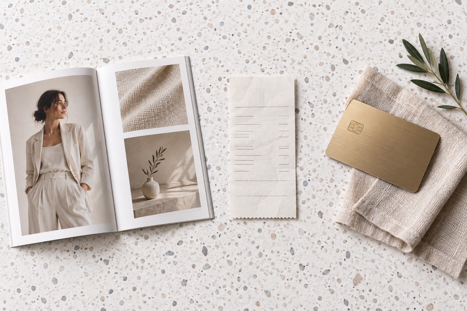 Editorial flat lay with a fashion catalog, receipt, payment card, and linen swatch arranged as three shopping channels.