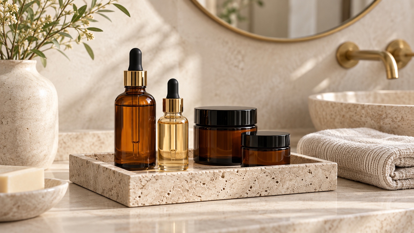 Amber glass skincare bottles and jars on a natural stone vanity tray.