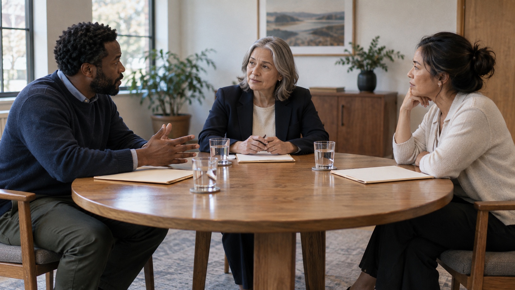 Two adults discussing a disagreement with a neutral facilitator at a round wooden table.