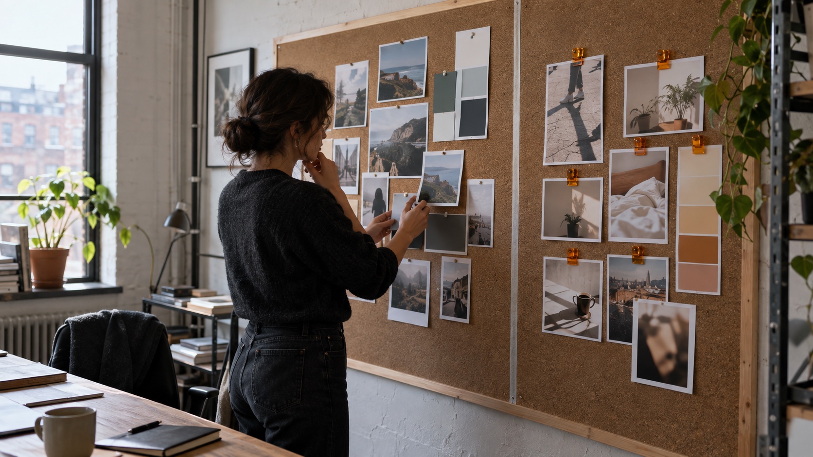 Editor organizing separate groups of unbranded photo cards on a large newsroom planning board.