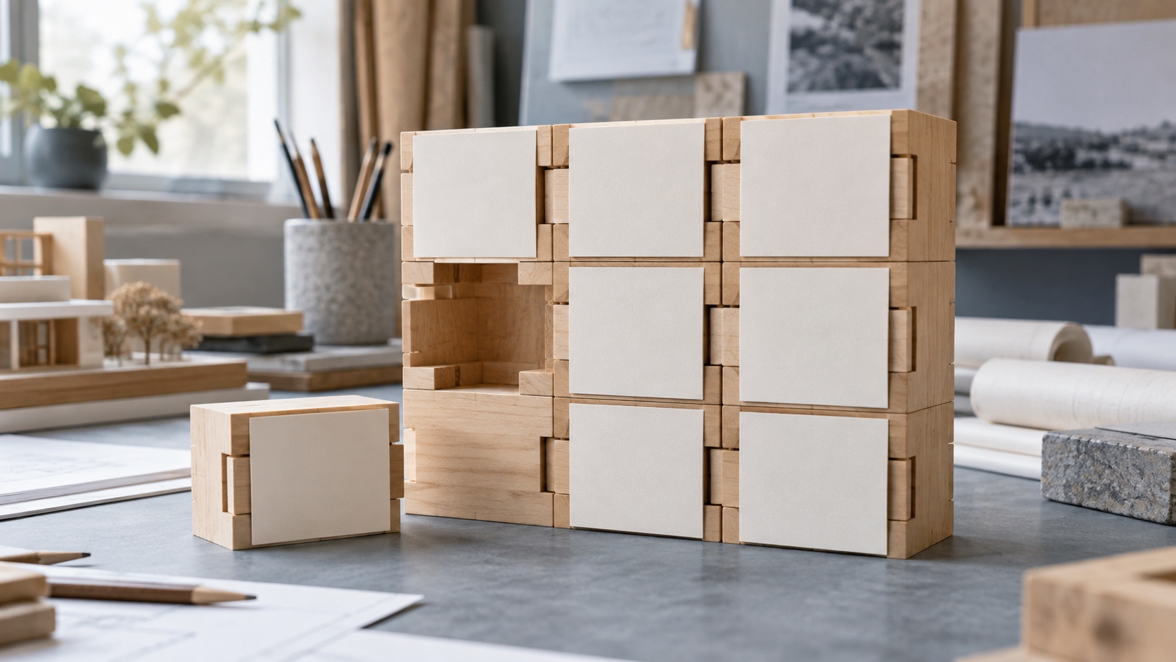 Modular wooden structure with one removable block beside blank cards in an architecture studio.