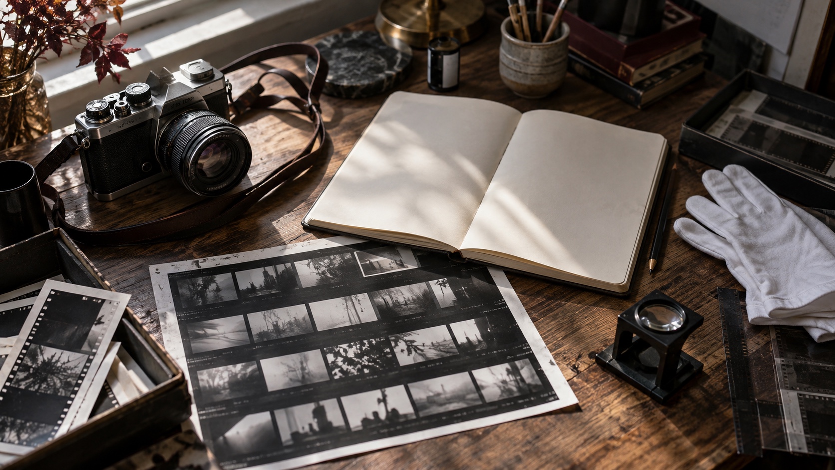 Camera, blank sketchbook, contact sheets, cotton gloves, and a loupe on an artist's worktable.
