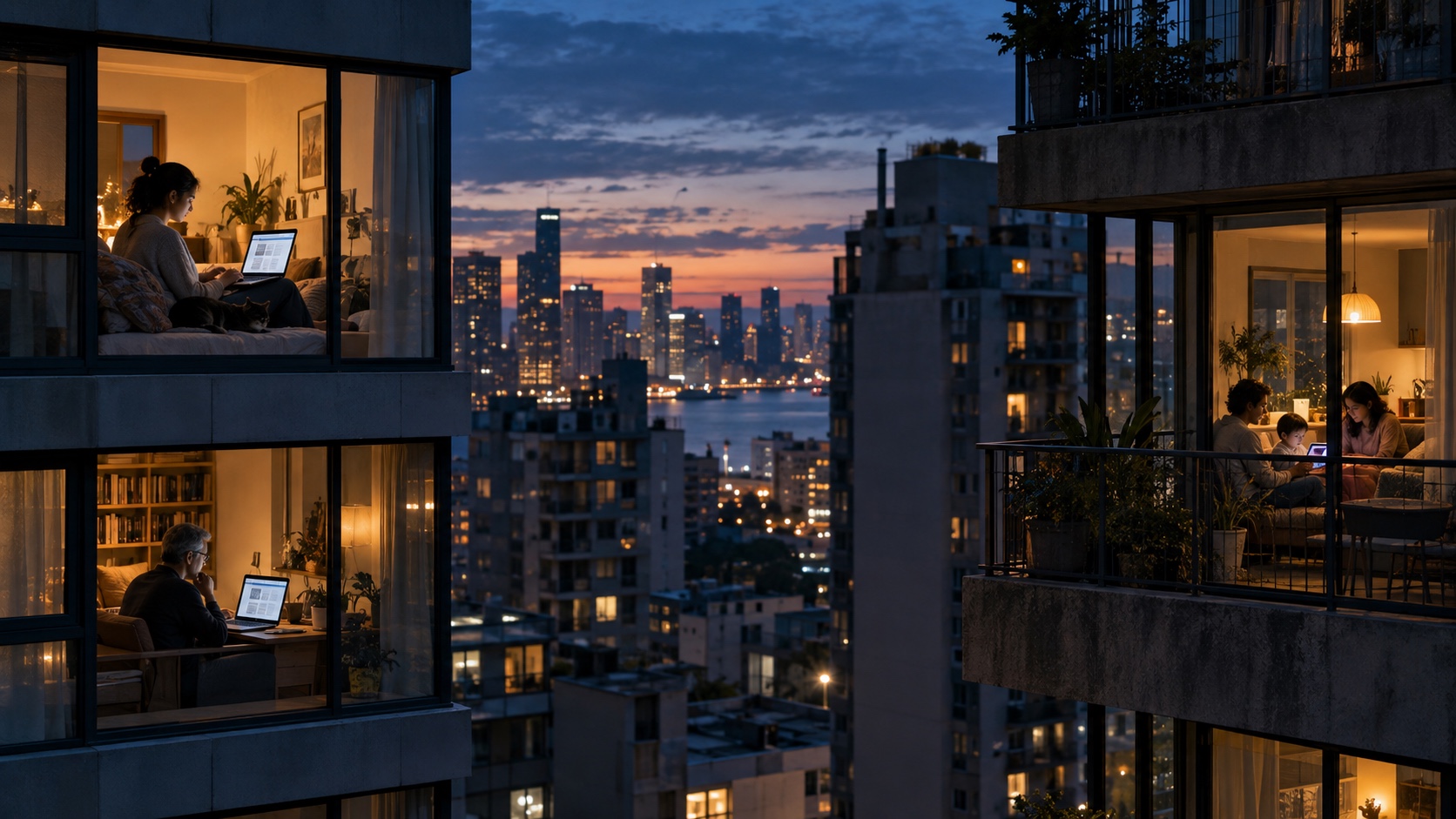 Households in separate city apartments viewing abstract web pages on laptops at blue hour.