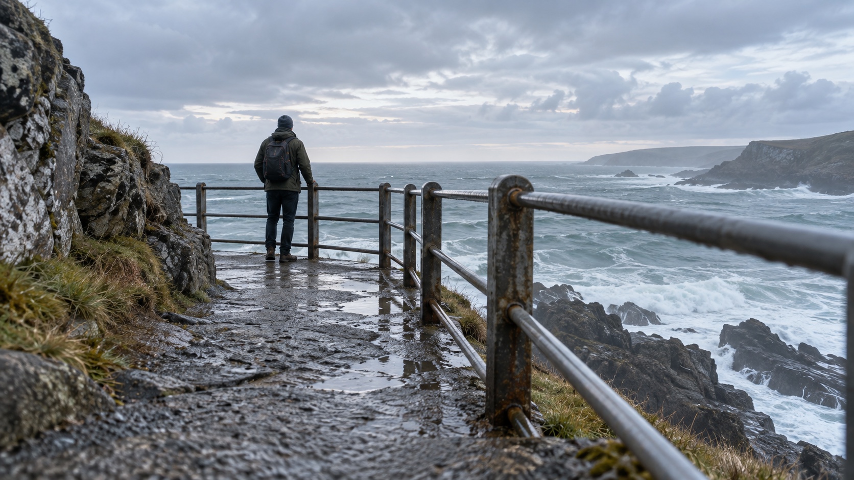 Walker pausing behind a sturdy safety railing on a wet coastal path above rough water.