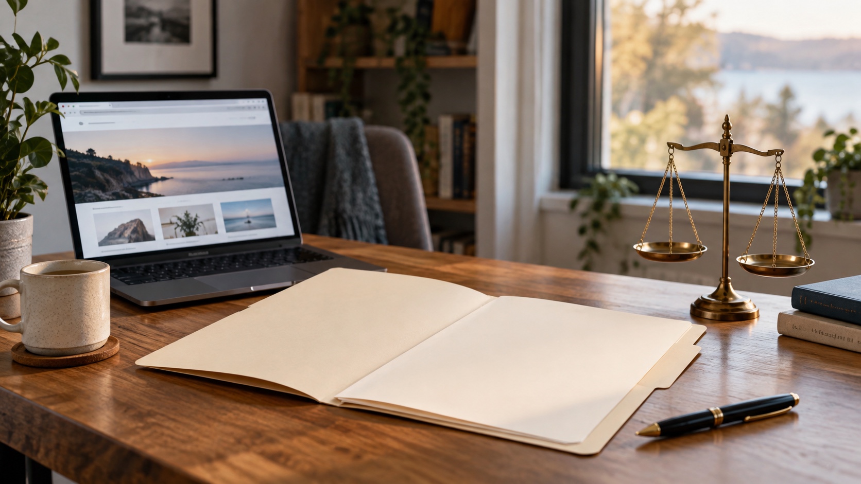 Blank agreement folder, balance scale, and laptop arranged on a sunlit wooden desk.