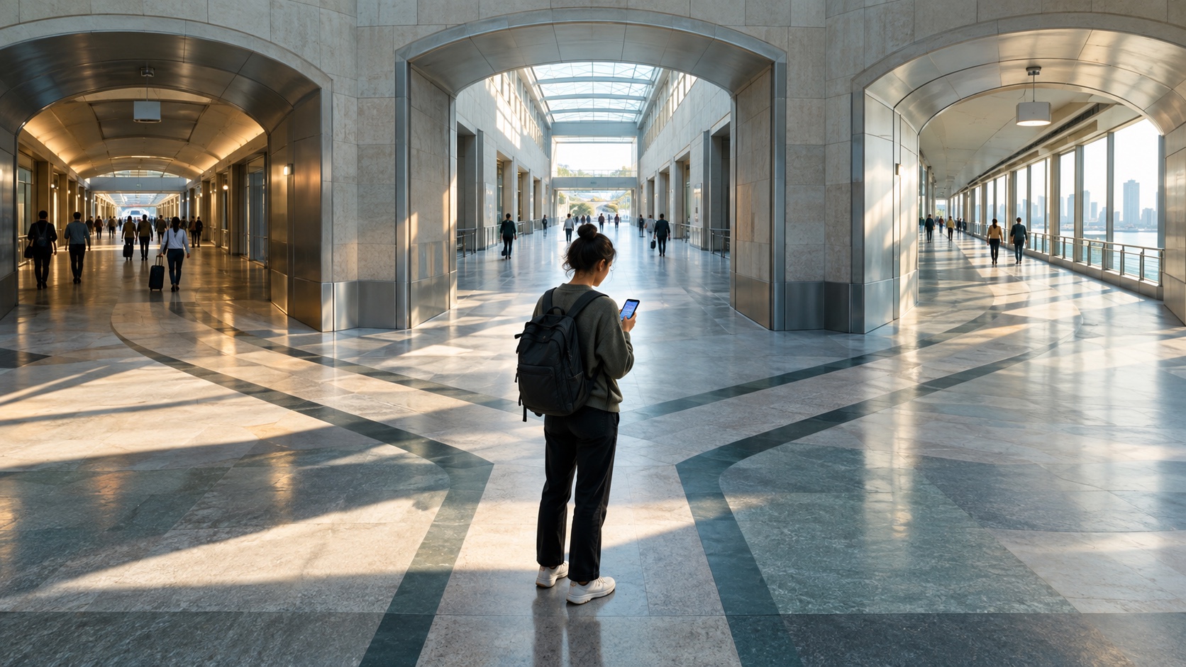 Traveler using a phone at a bright concourse where three independent corridors branch apart.