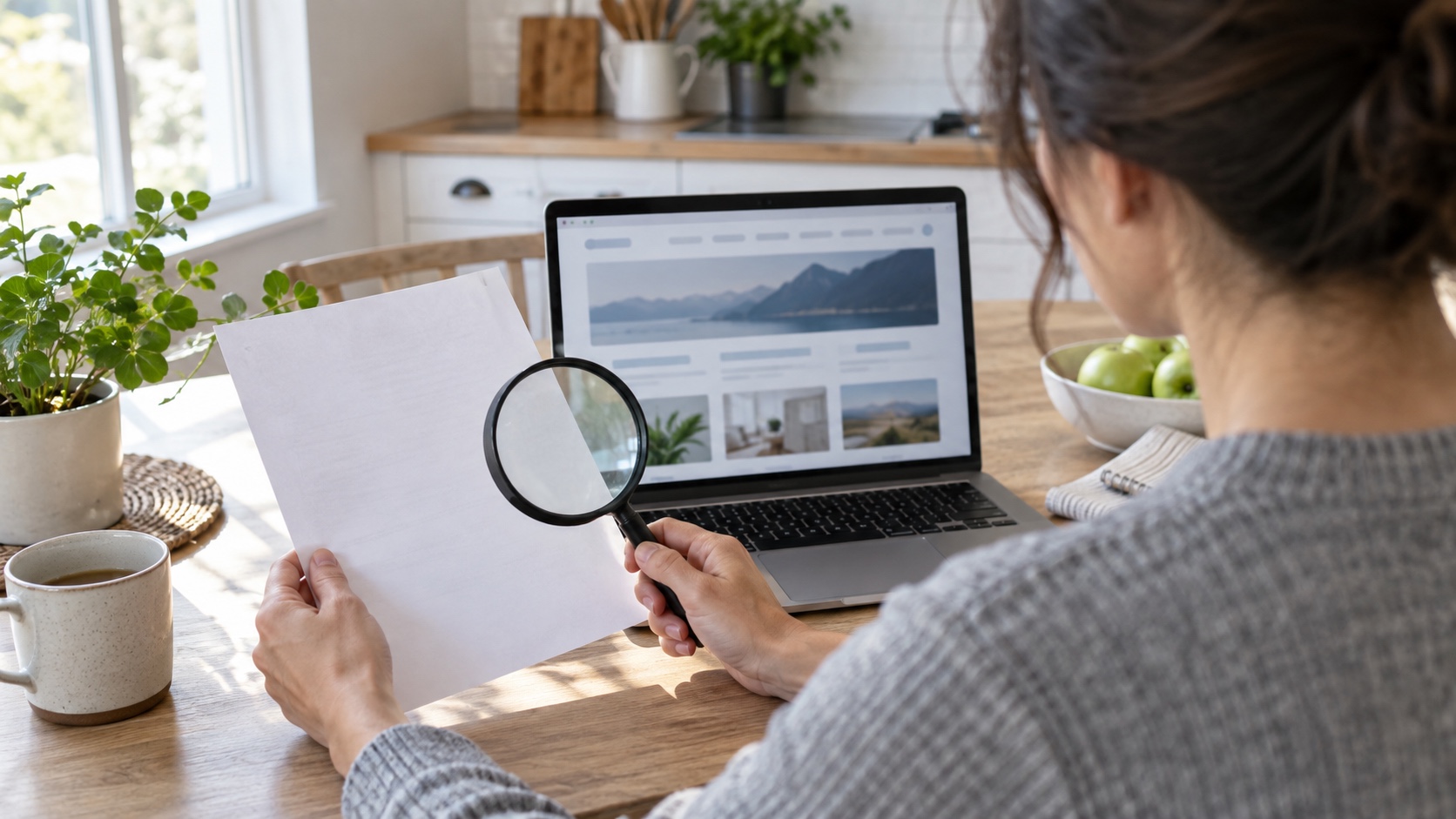 Reader comparing an abstract website with a blank reference sheet through a magnifying glass.