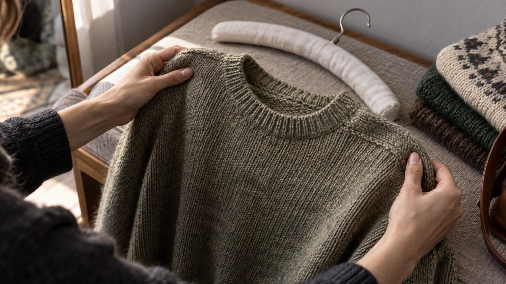 Hands examining the shoulder line of a wool sweater removed from a padded hanger beside folded knitwear.