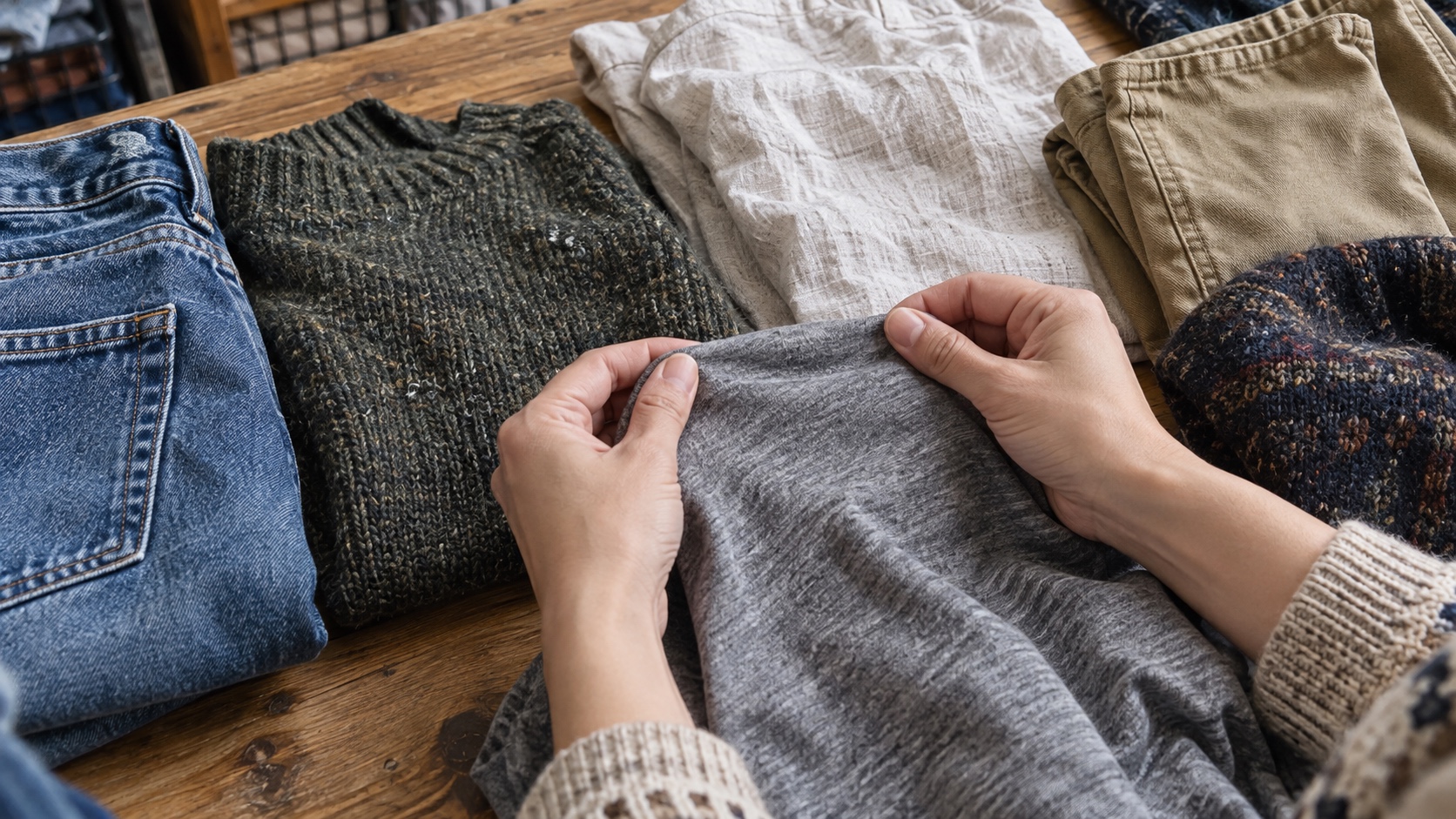 Hands comparing the stretch and surface condition of several folded secondhand fabrics on a wooden table.