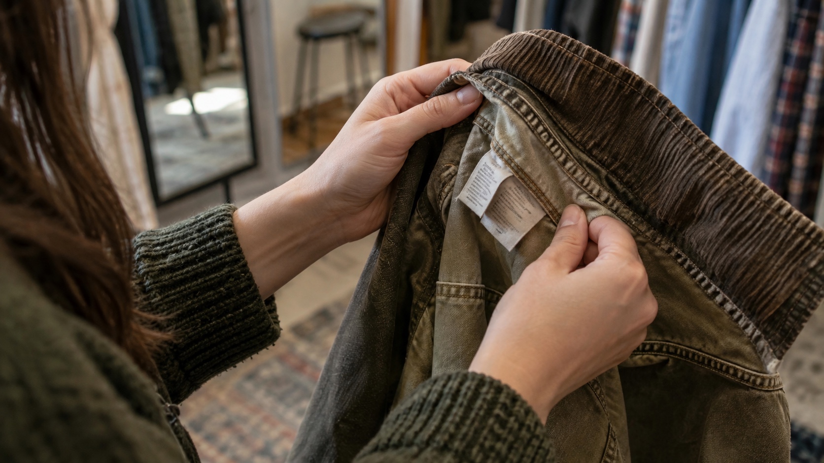 Hands turning out the collar and side seam of a secondhand jacket to inspect its sewn-in origin and care tags.