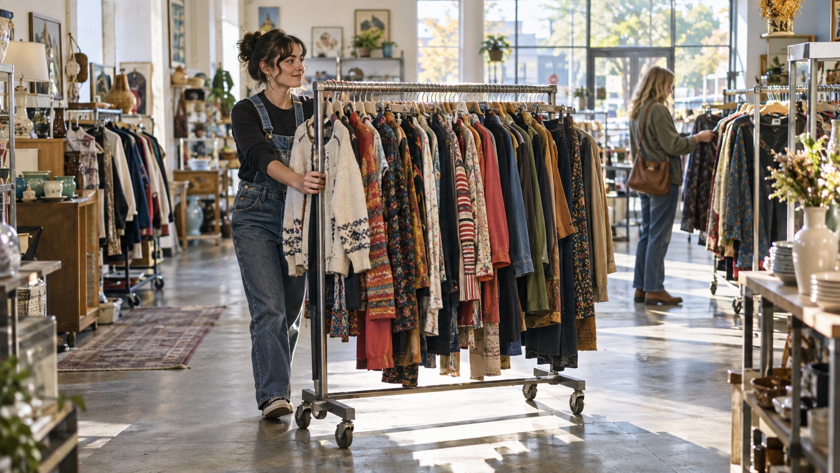 Thrift-store employee rolling a freshly sorted rack of secondhand clothes onto the sales floor in morning light.