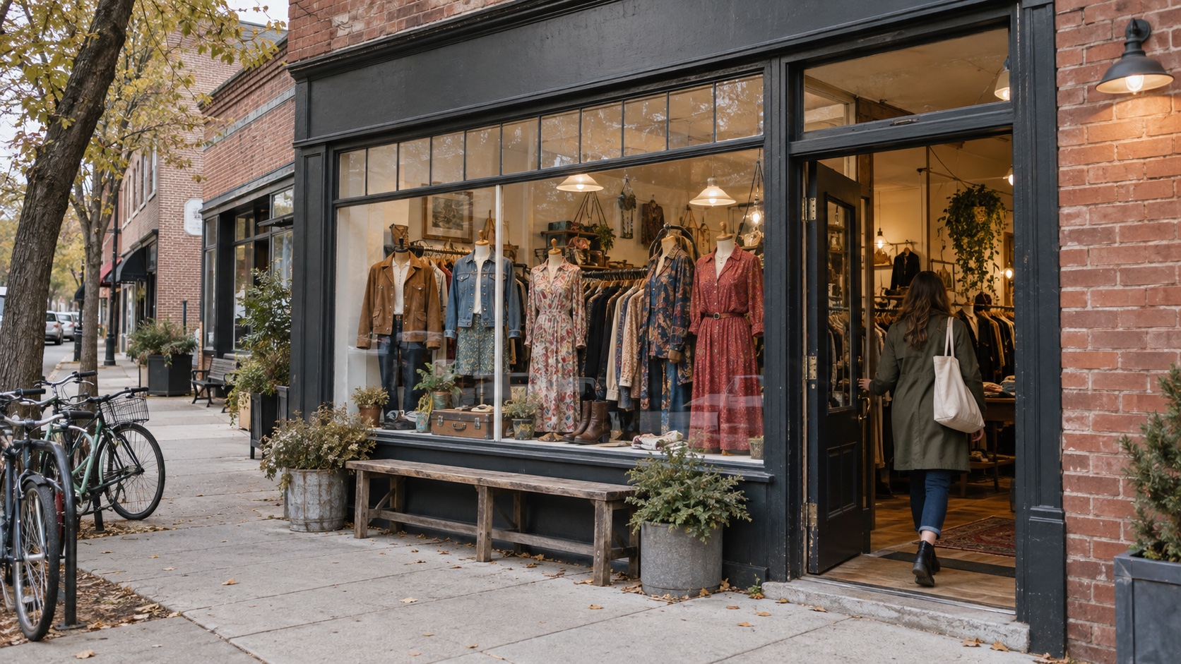 Shopper entering a small neighborhood secondhand clothing store with a curated window display.