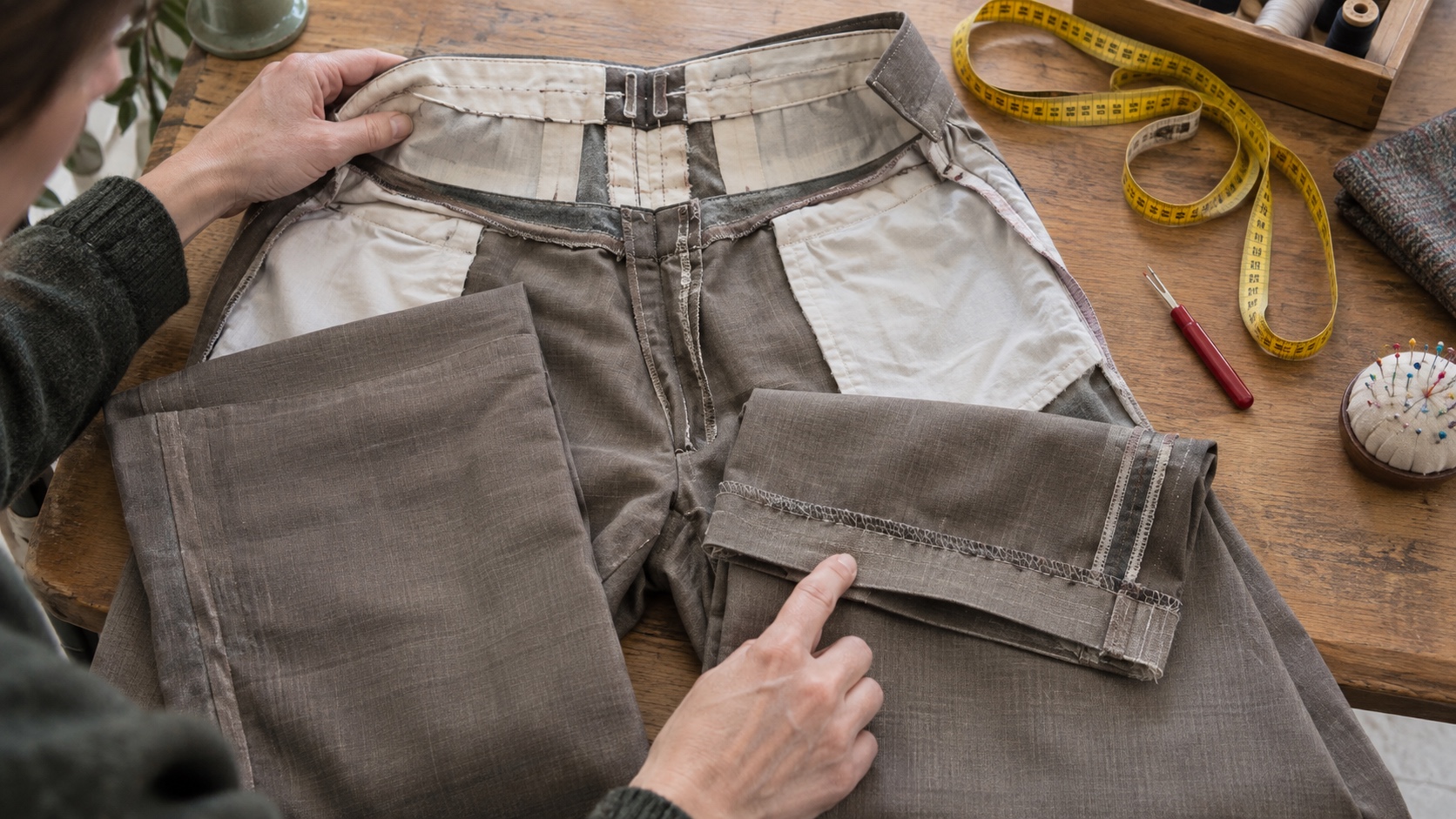 Inside-out secondhand trousers on a tailor's table showing an altered hem and taken-in waistband with seam allowance.