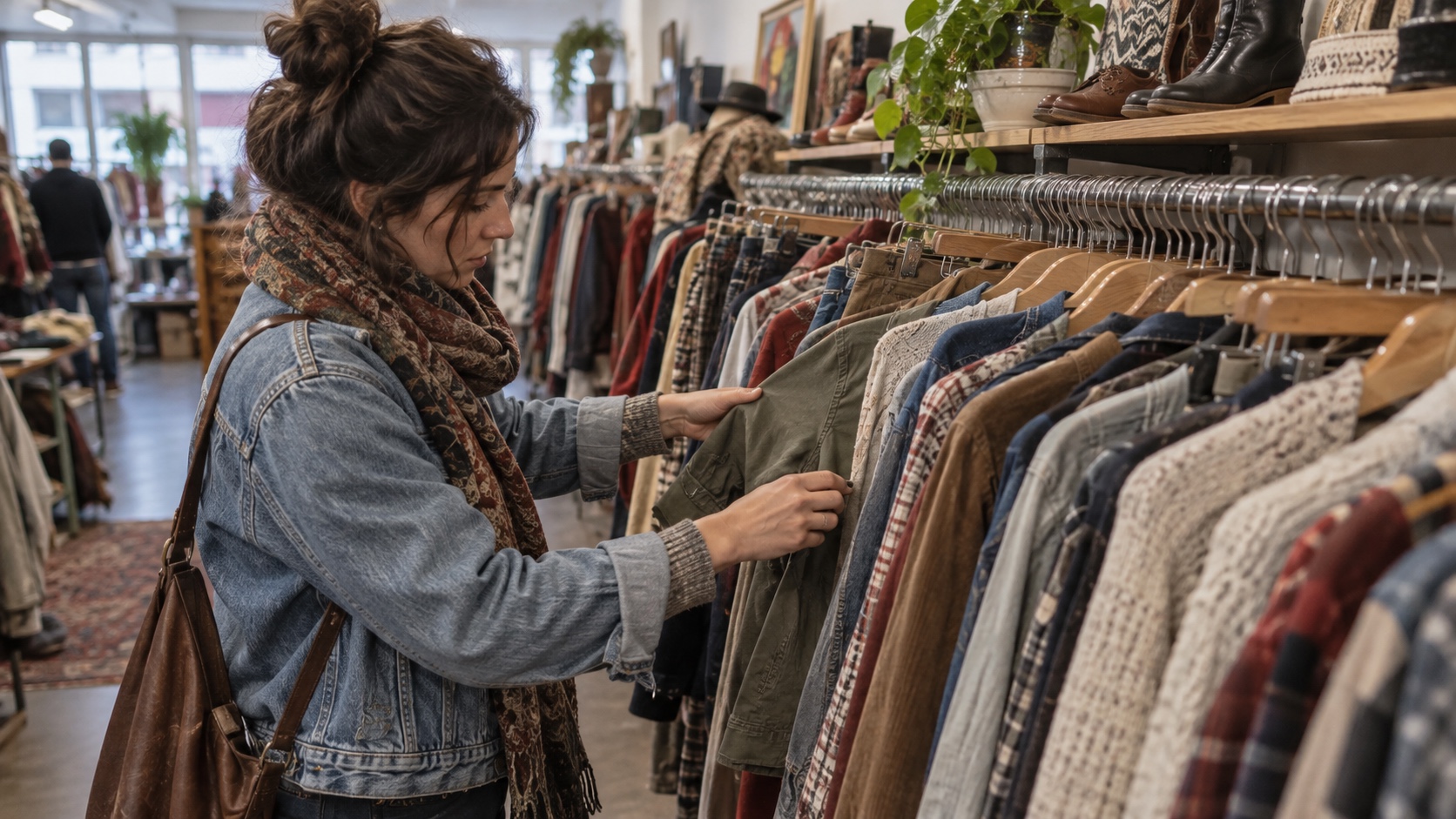 Shopper moving through a densely packed rack one hanger at a time while checking sleeves and cuffs.