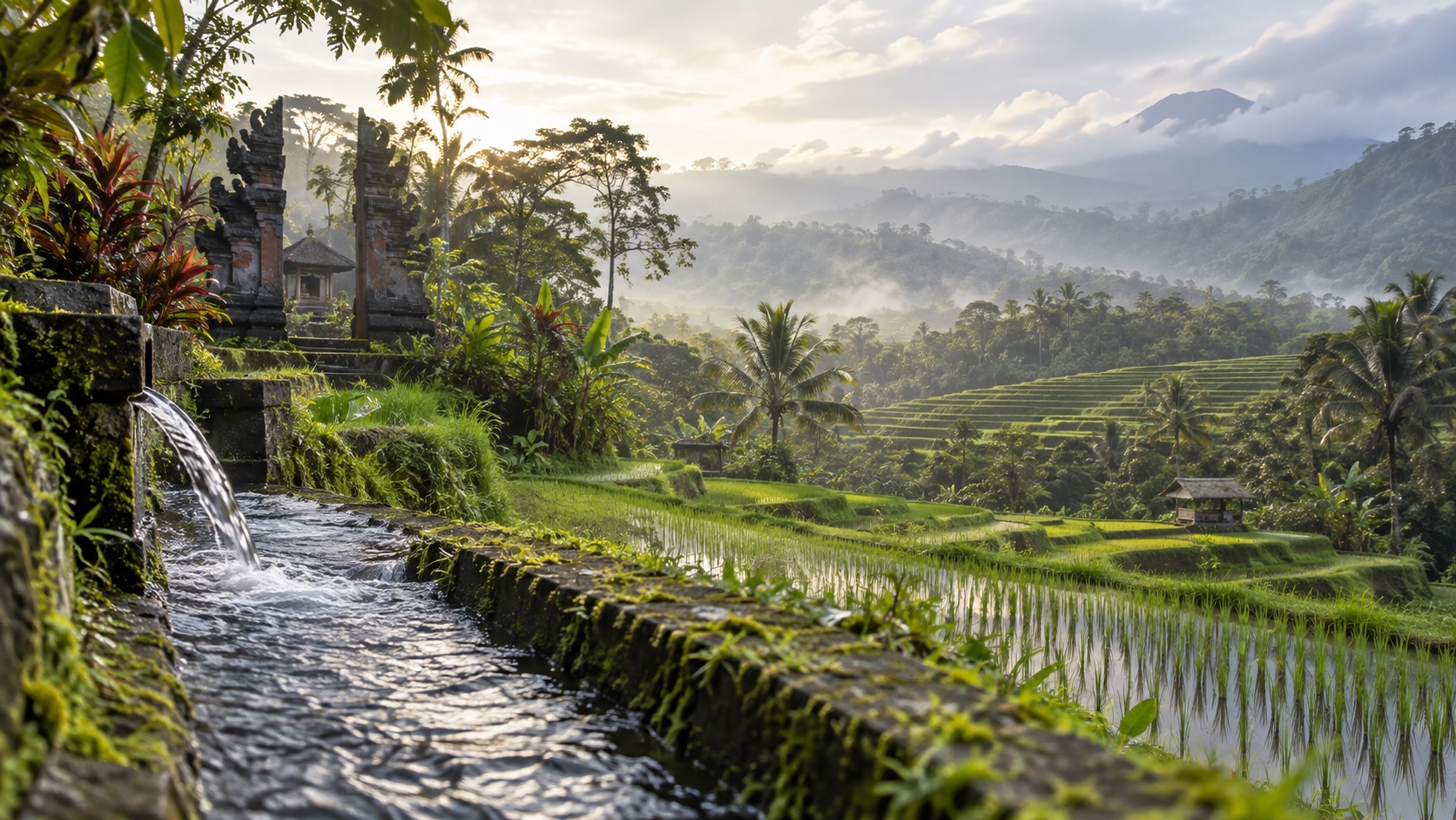 Illustrated Balinese rice terraces beside a flowing irrigation channel and temple gate.