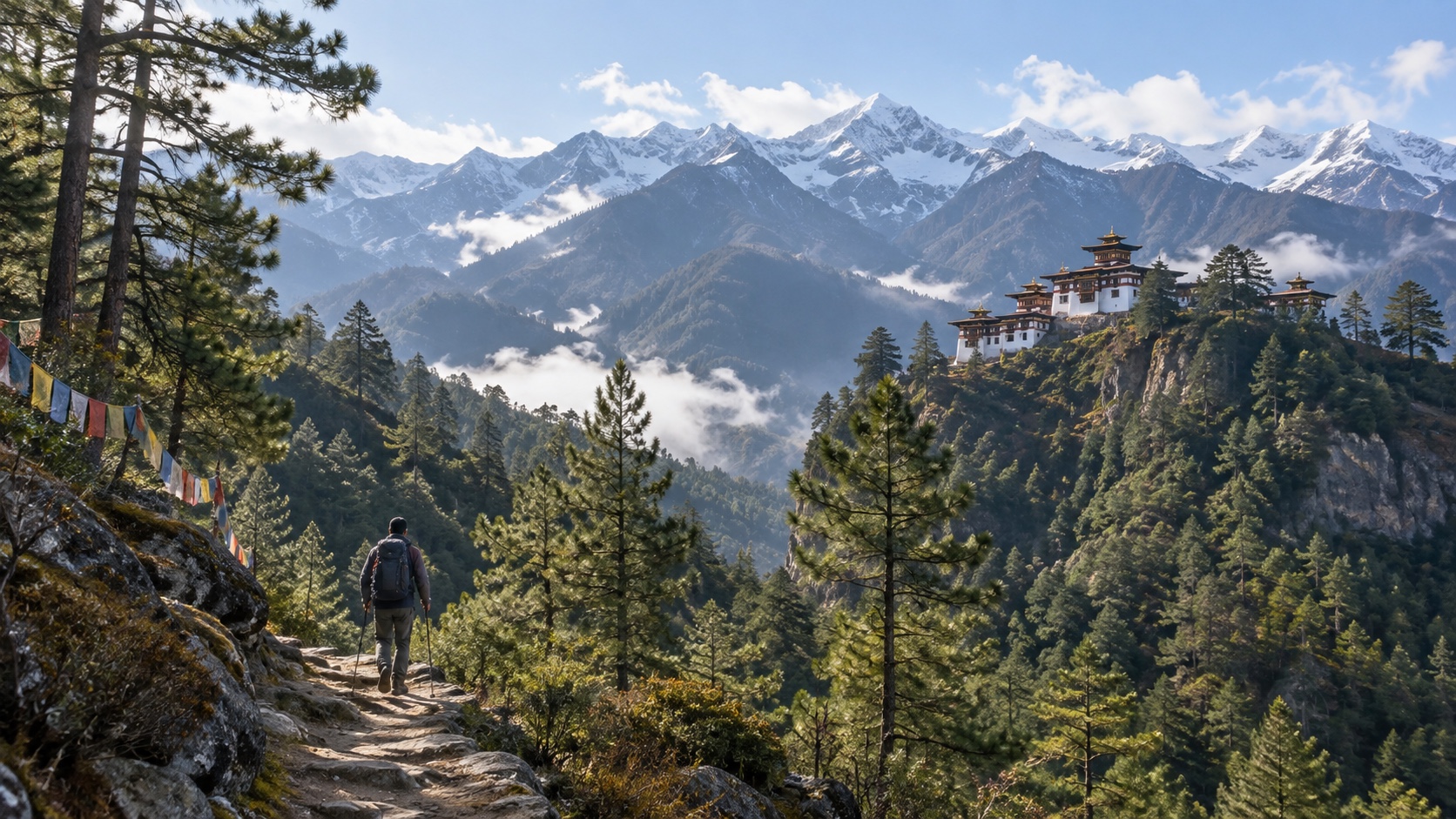 Illustrated Himalayan trail leading toward a Bhutanese-style monastery across a pine valley.