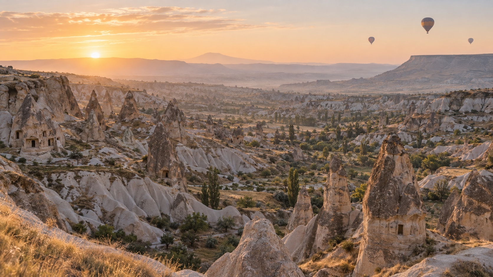 Illustrated Cappadocian tuff valley with rock-cut openings and three distant balloons.