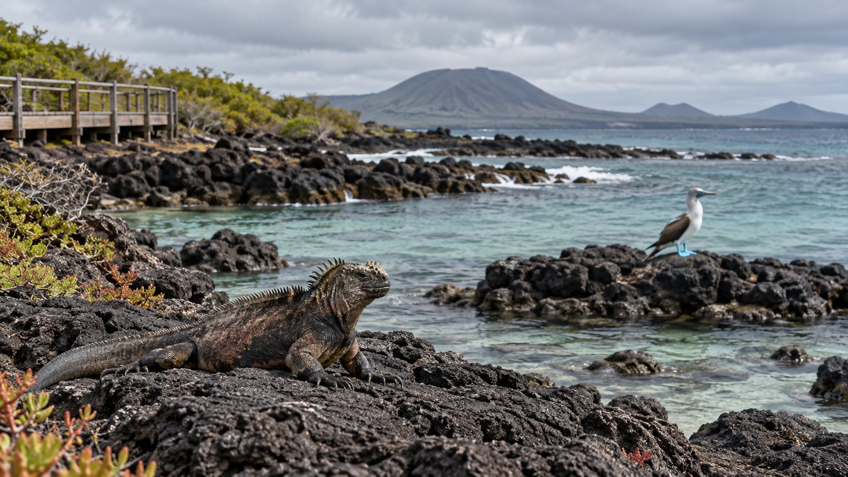 Illustrated marine iguana and blue-footed booby on a protected volcanic shoreline.