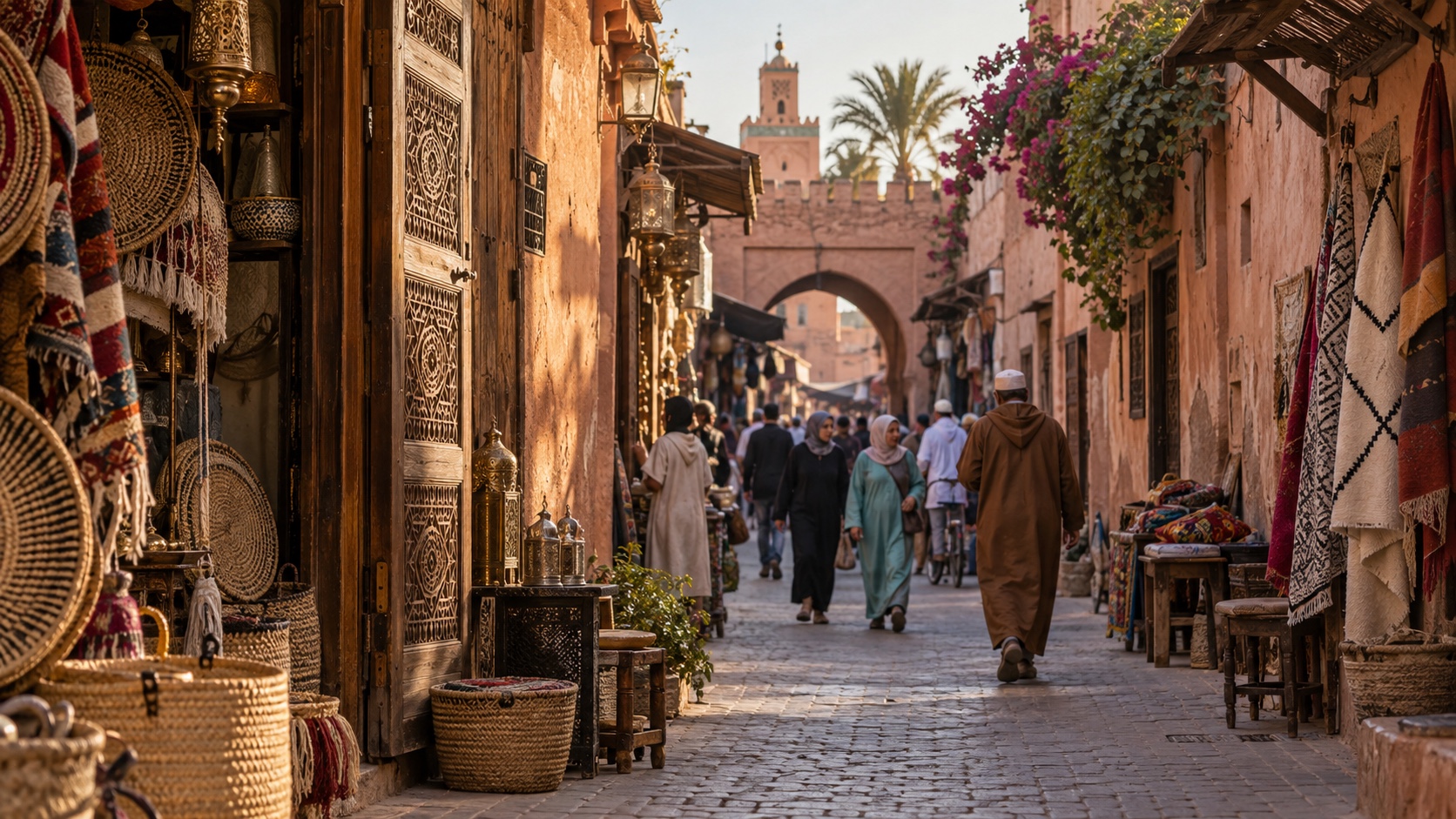 Illustrated Marrakech medina lane with earthen walls, craft stalls, and passing pedestrians.