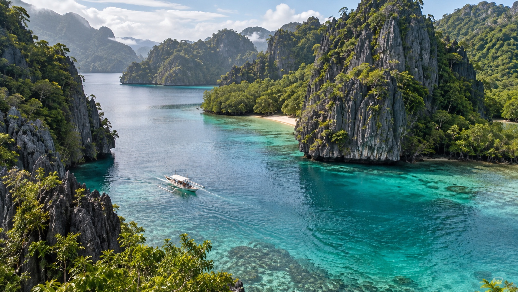 Illustrated outrigger boat crossing turquoise water between Palawan-inspired limestone islands.