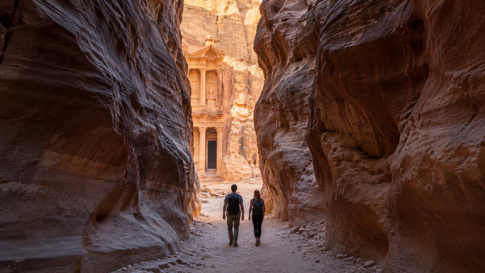 Illustrated sandstone gorge opening toward a distant rock-cut facade with two hikers.