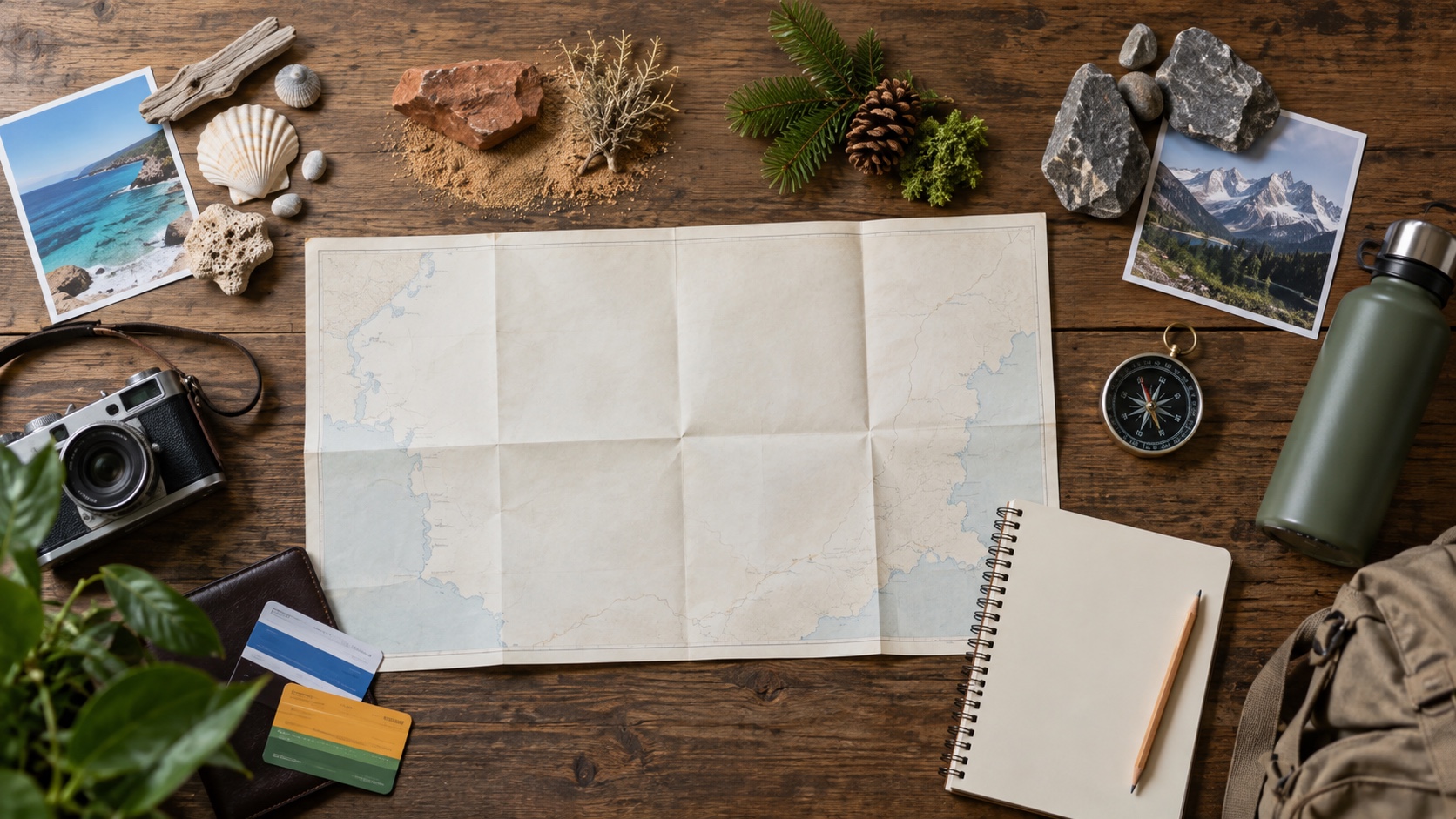 Travel planning table with a blank map, compass, notebook, and four landscape cues.
