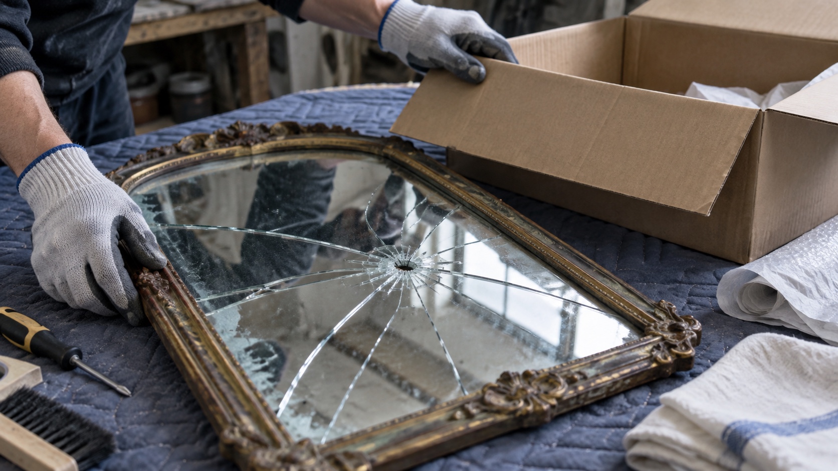 Gloved hands preparing a cracked framed mirror for safe disposal on a padded workbench.