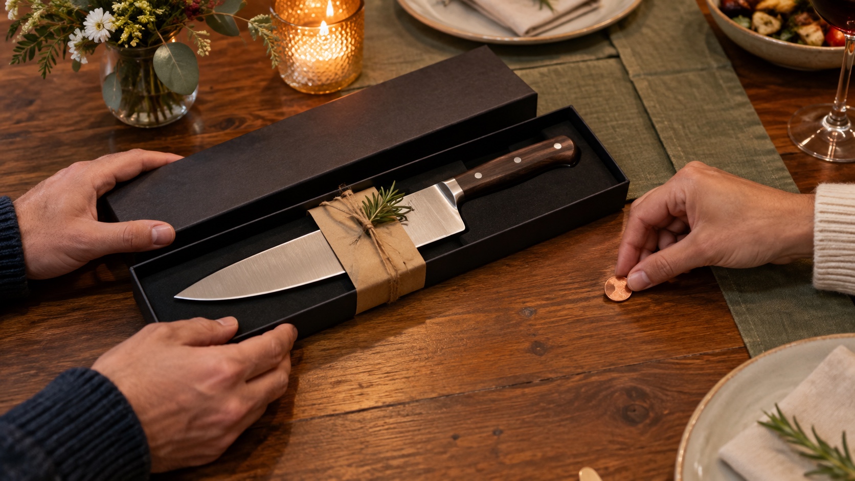 Recipient placing a small coin beside a safely boxed kitchen knife during a friendly gift exchange.