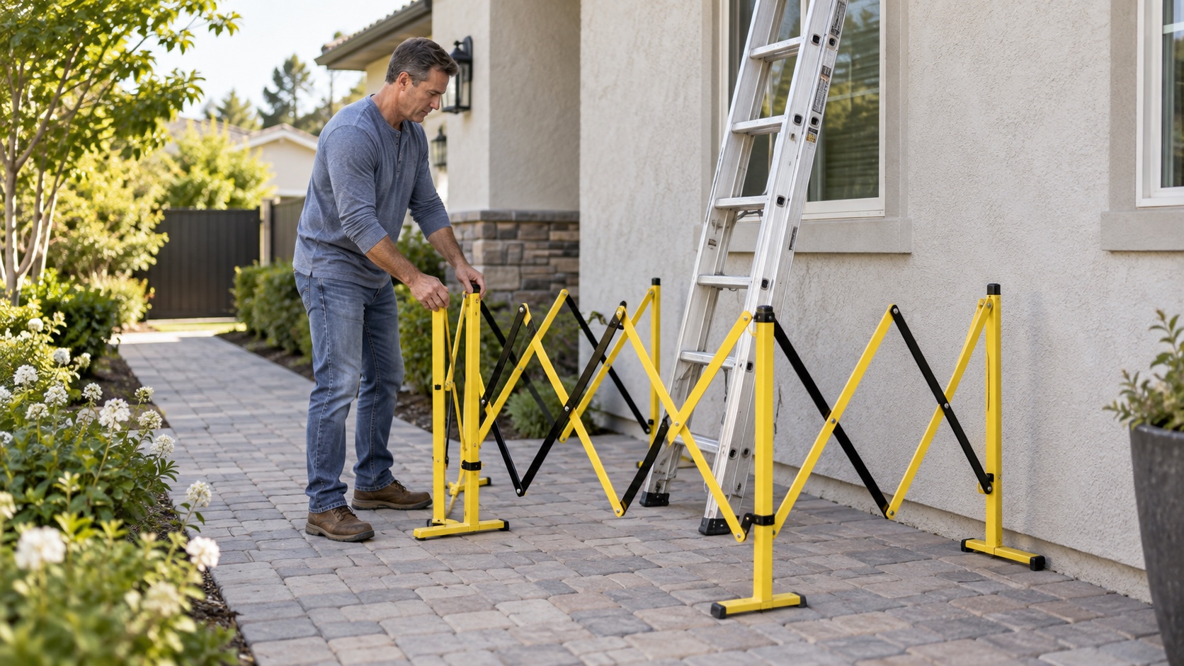 Homeowner setting a yellow safety barrier around a stable extension ladder beside a clear walkway.
