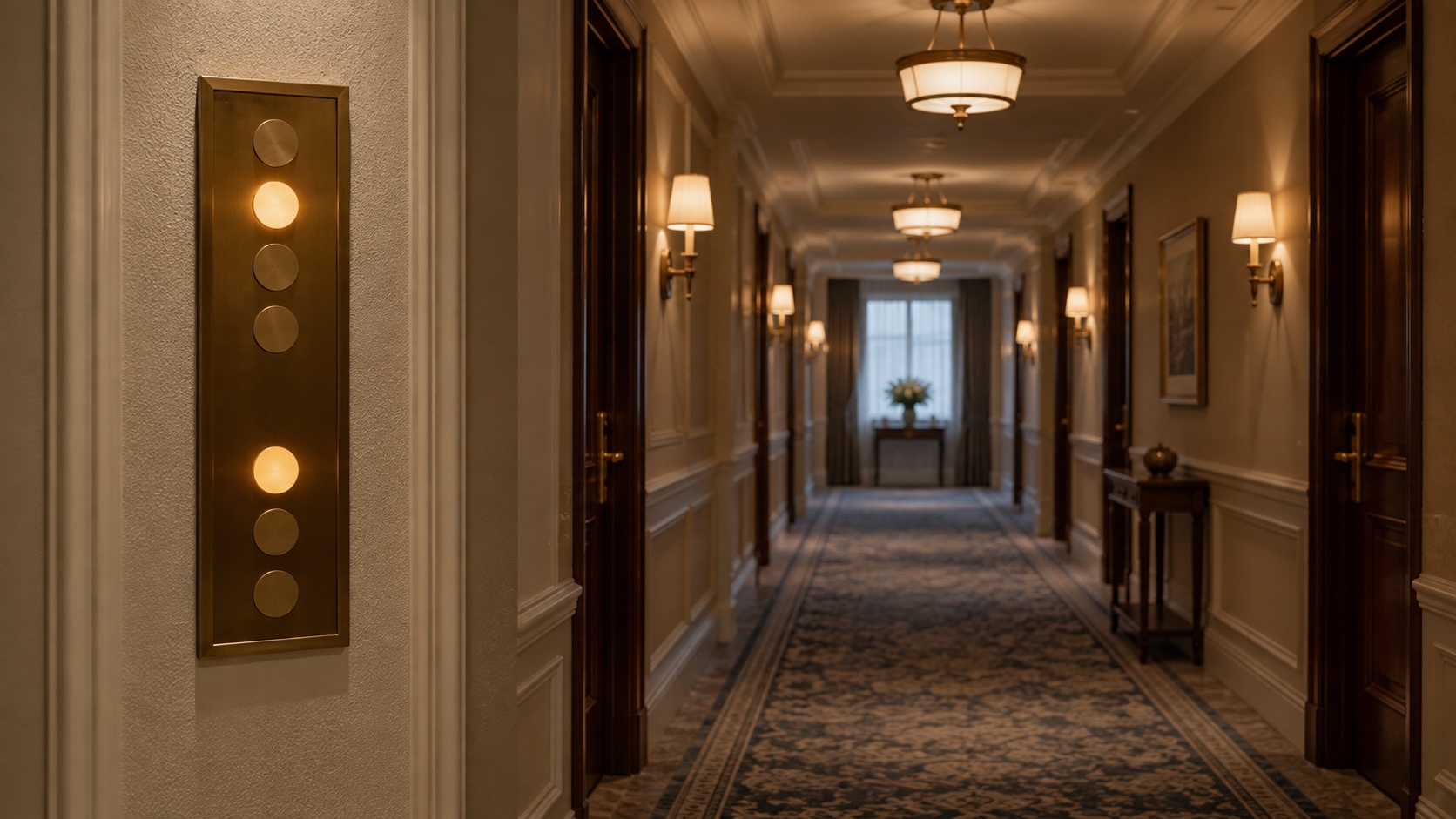 Warmly lit hotel corridor with a brass floor directory that visibly skips one marker position.
