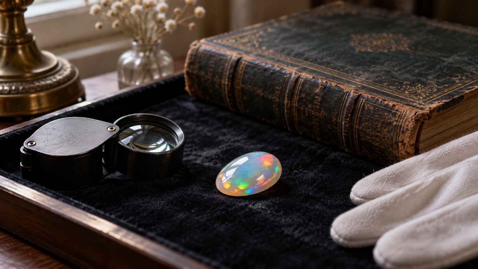 Luminous opal beside an old closed novel, jeweler's loupe, and white gloves on black velvet.