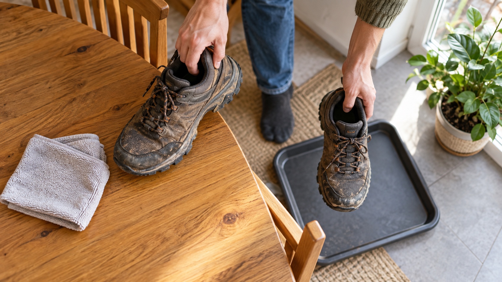 Person lifting worn outdoor shoes from a wooden dining table onto a washable floor tray.