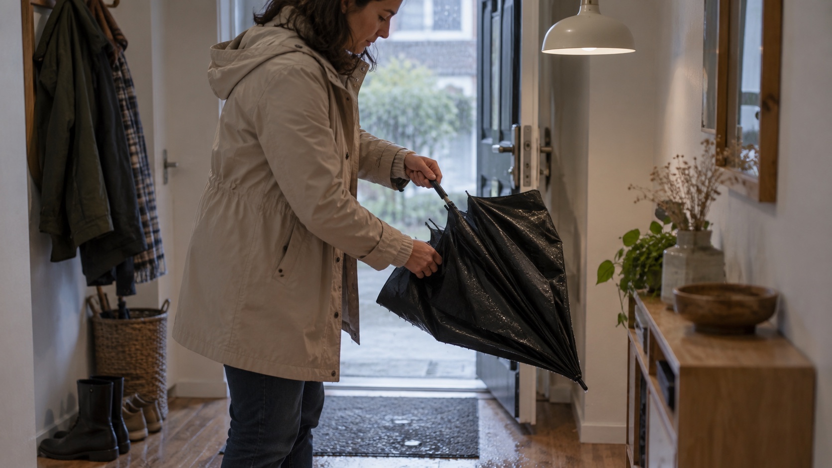 Adult closing a wet black umbrella inside a narrow apartment entryway after coming in from rain.