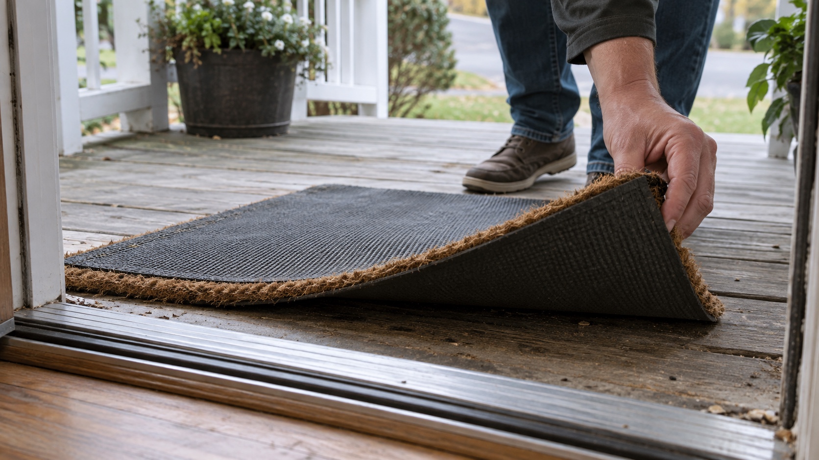 Homeowner turning a plain coir welcome mat right-side up at a weathered front-door threshold.