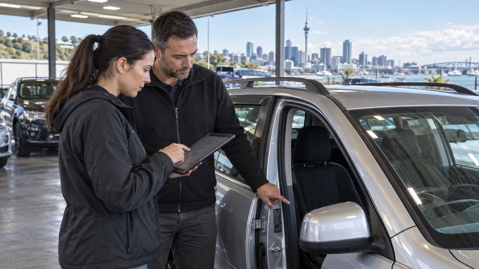 Buyer checking a used wagon's identity details with a seller at an unbranded Auckland car yard.