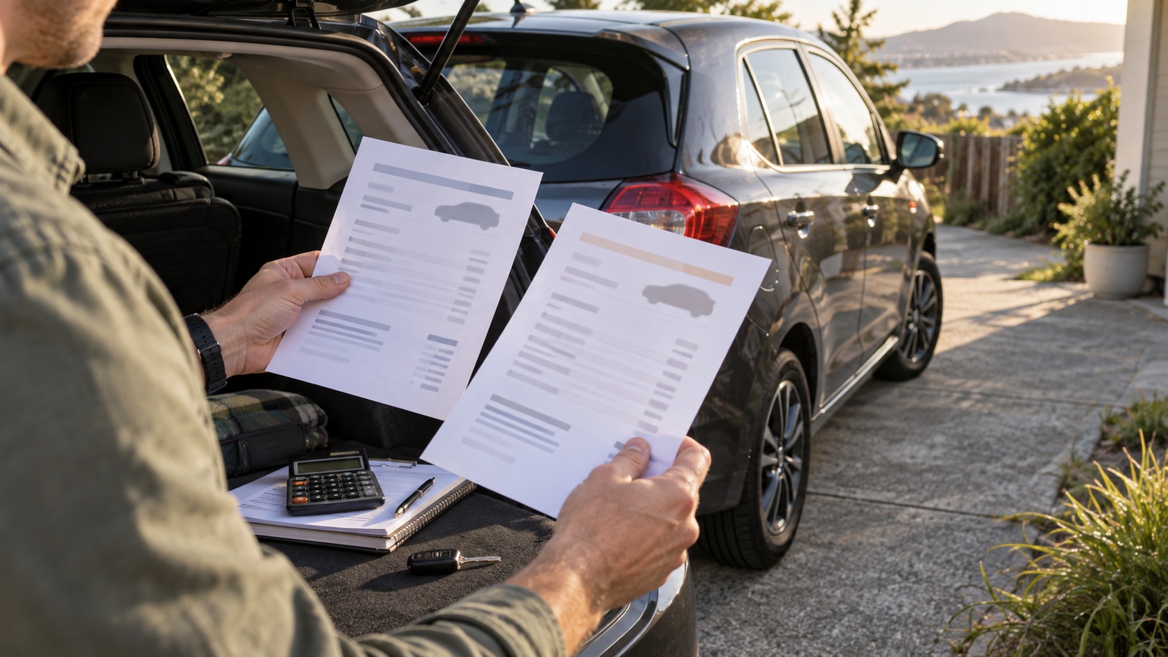Buyer comparing two vehicle cost sheets beside a used hatchback on a New Zealand driveway.
