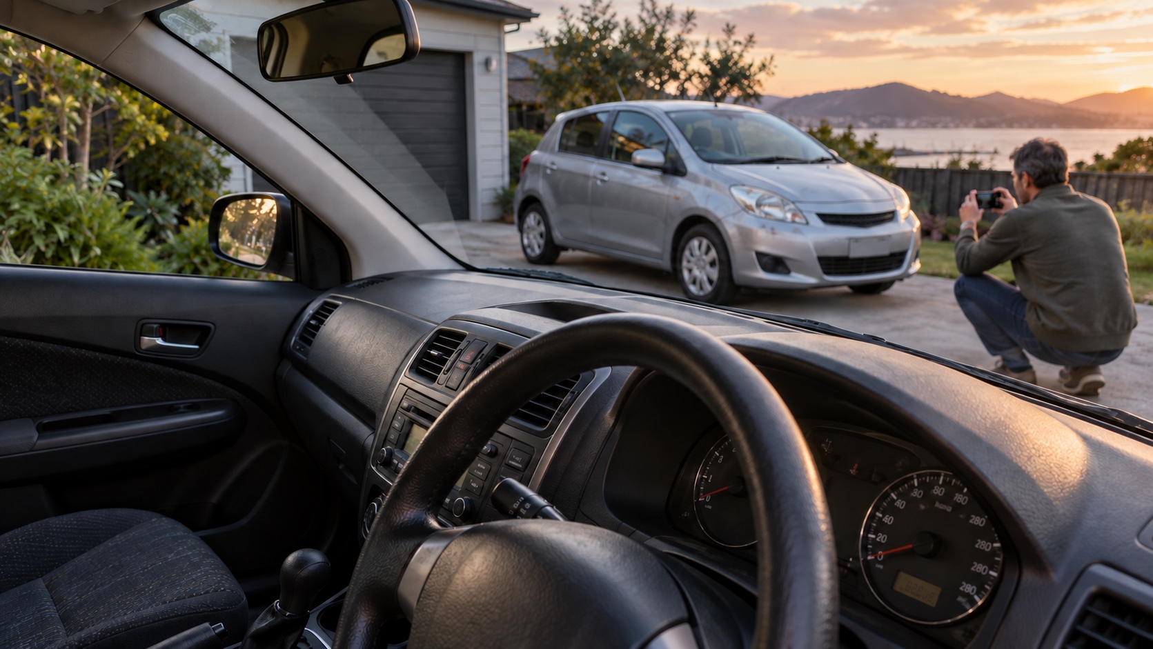 Right-hand-drive used car interior overlooking an owner photographing the vehicle for resale.