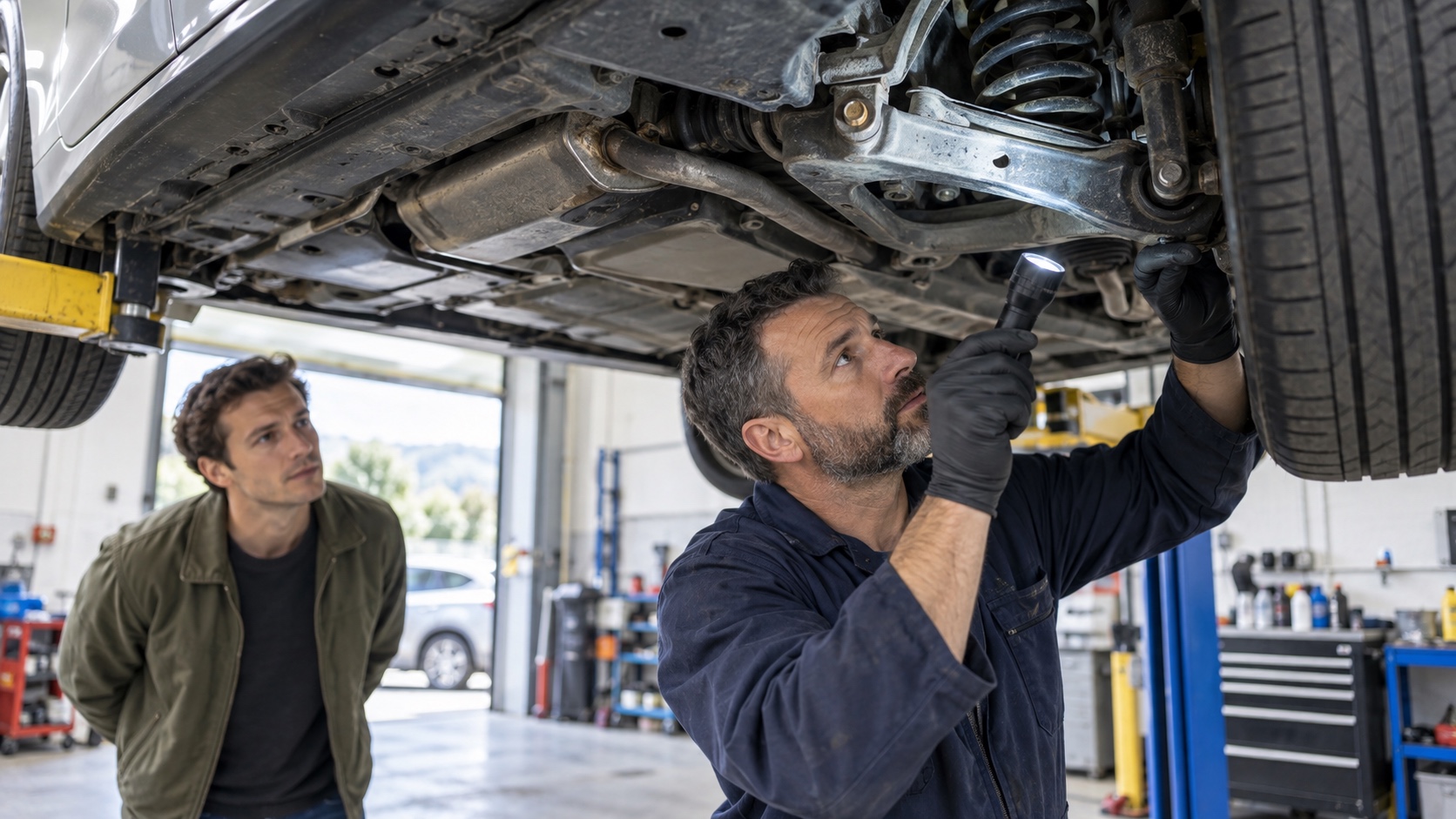 Independent mechanic inspecting a used car's suspension and underbody while the buyer watches.